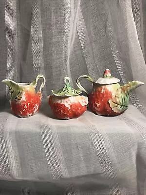 VTG MINI STRAWBERRY TEA Set 5pc Set Creamer Sugar Teapot 2 Lids Tea Party Adorbs • $16.40