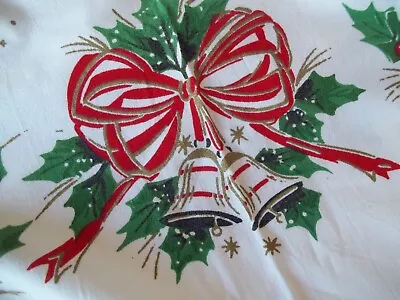 $32 • Buy Vintage Christmas Bells Ornaments Candles Cotton Tablecloth Gold Red Green 44x50