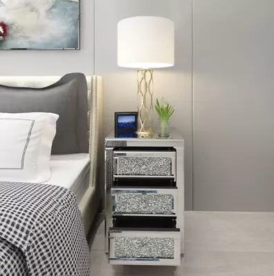 Luxurious Diamond Crushed Bedside Table 3 Chest Of Drawer Bedroom Furniture • £119.99