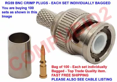 £22.99 • Buy 100 X BNC Crimp Male RG59 Connectors 3 In 1 Coaxial Cable RG59 PLUGS IDEAL CCTV