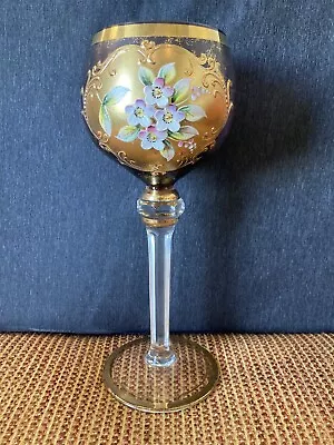 Vintage Bohemian Crystal Hand Painted Enamel Floral Lavender Wine Glass Rare!! • $49.99