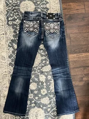 Miss Me Mid Rise Thick Stitch Embroidered Denim Bootcut Jeans Womens Sz 25 Bling • $39