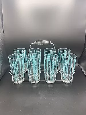 Vintage MCM Tall Teal And Silver Drinking Glasses With Silver Carrier • $69.99