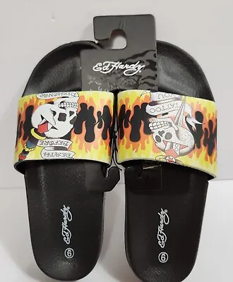 New Ed Hardy Women Flip Flops Tattoo You Slides Skulls Black! Size 9 • $17.99