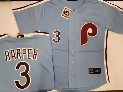 Cooperstown PHILLIES BRYCE HARPER Vintage Powder Blue JERSEY New CHOICE OF SIZE • $24.99