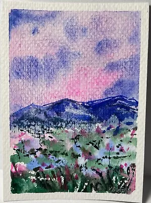 ACEO Original Watercolor Painting Flowers Mountains Landscape - 2.5x3.5 In - NEW • $5.50