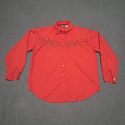 Vintage 1990s Western Shirt Adult L Cowgirl Beaded Embroidered Orange Button Up • $19.85