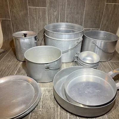 Vintage Aluminum Camping Mess Kit Plates Cups Pots & Pans 14 Piece Set • $49.99