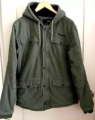 Hurley Canvas Hooded Lined Coat Men’s L Army Green Full Zip Utility Warm • $34