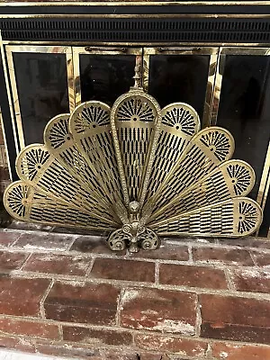 Vintage Brass Plated Fireplace Screen Folding Peacock Fan Griffin Gargoyle As Is • $150