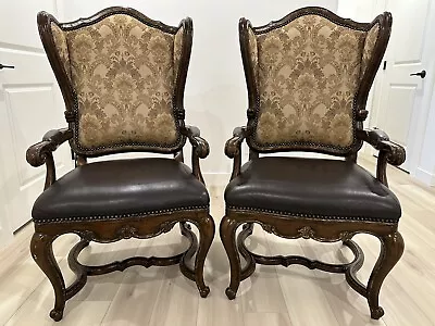 Marge Carson 2 Armchairs Carved Vintage Dining Chairs Leather Seats • $997.60