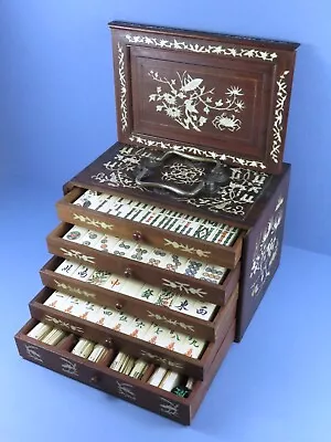 Beautiful 1920's Antique Vintage Mahjong Set Inlaid Cabinet ~ Bird Flower Tiles • £1150