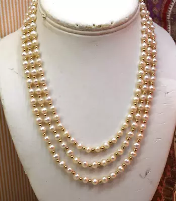 Vintage 14K Gold 3 Strand Freshwater Cultured Pearl Necklace • $975