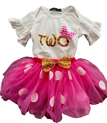 Baby Girls 2nd Birthday Two Piece Mouse Disney Dress Polka Dots Pink Tutu • $19.99