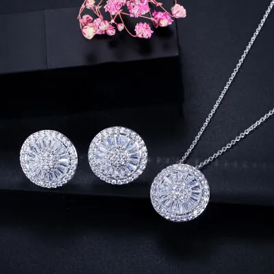 Women Fashion Silver Plated Zircon Crystal Pendant Necklace Earrings Jewelry Set • $9.49