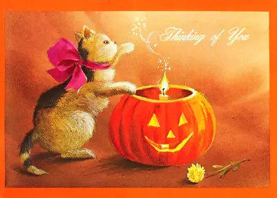 Vintage HALLOWEEN Thinking Of You JOL Pumpkin CAT  Greeting CARD Mid Century MCM • $4.99