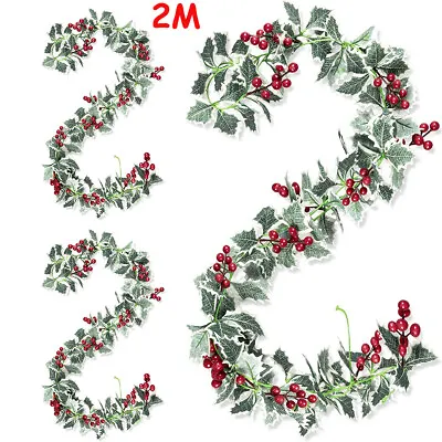 200cm Christmas Fake Red Berries Garland Artificial Greenery Holly Leaves Decor • £3.19