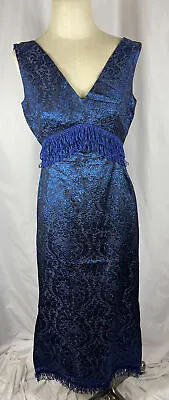 Vtg Blue Black Brocade Fringe Sleeveless Long Prom Party Dress Small Medium • $35