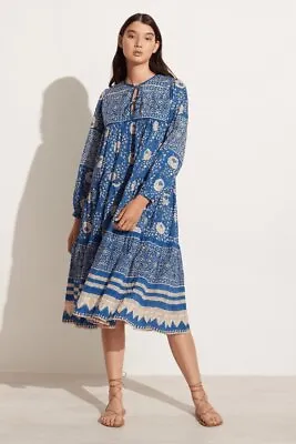 MATTA Sz M Medium Yamini Booj Ocean Blue Block Print Cotton Midi Dress • $168