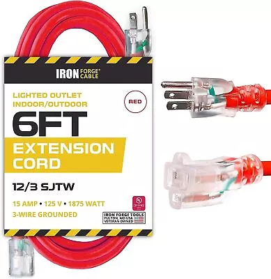 6 Ft Lighted Outdoor Extension Cord - 12/3 Heavy Duty Red Cable -3 Prong Plug • $19.99