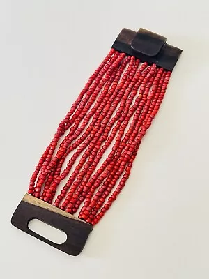 BRACELET MONIES GERDA LYNGGAARD Style Wood Buckle Multi Glass Red Bead STATEMENt • $27