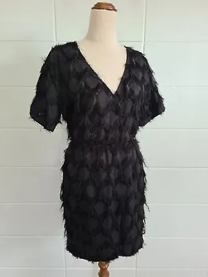 & OTHER STORIES Black Fringe Mini Dress Sz US 4 Wrap Style  • $34.95