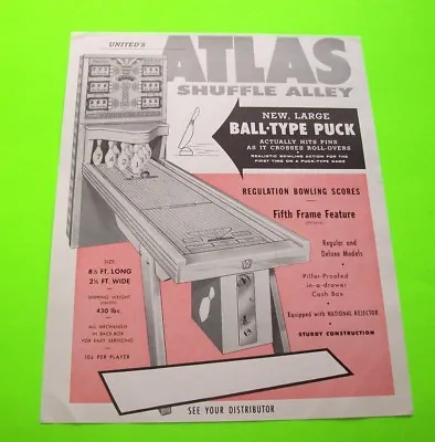 Atlas Shuffle Alley FLYER Original NOS United Bowling Game Artwork Sheet 1958  • $28.90