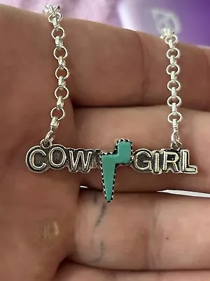 STERLING SILVER NATIVE AMERICAN SW COW GIRL TURQUOISE BAR NECKLACE .925 22” Adj • £95.46