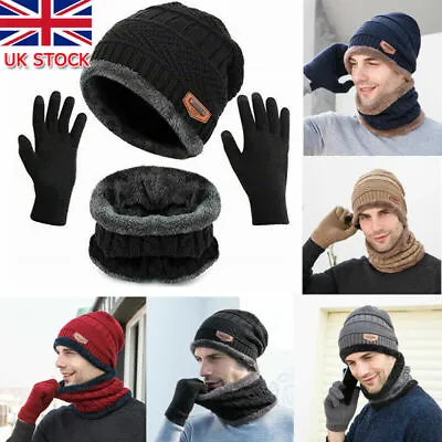 3pcs Set Mens Women Beanie Hat And Neck Scarf Knitted Gloves Set Winter Warmer • £7.10