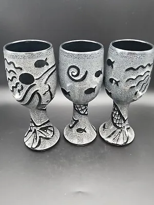 Set Of 3 Mermaid Studio Art Pottery Hand Thrown Black Glazed Wine Goblet Glasses • $39.99