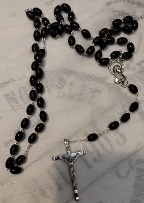 Rosary Black Polymer Beads Crucifix Catholic Silver-Toned Cross Vintage 20  • $9.99