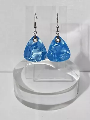 Light Blue Dangling Guitar Pick Silver Fish Hook Fashion Earrings • $8.99