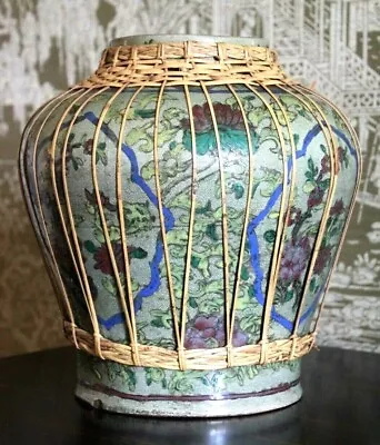 Antique Chinese Celadon Crackle Glaze Lotus Flower Enamel Painted Oil Jar Vase • $391.50