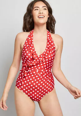 ModCloth S Swimsuit One-Piece Reese Wrap Polka Dot Halter Red White Small NEW • $29.95