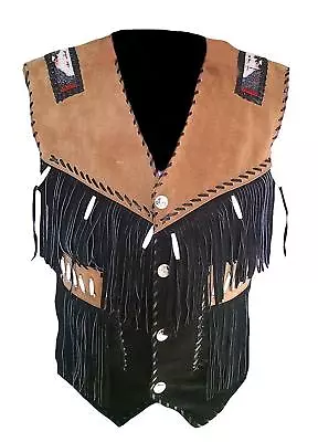 Western Cowboy Black/Tan Soft Suede Leather Vest Fringes Beaded Bone NL04 • $73.96