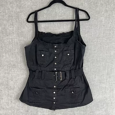 City Chic Plus Size S 16 Top Black Strappy Peplum Belt Pockets Studs Denim Look • $19.95