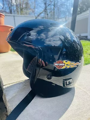 Vintage Harley Davidson Men’s Black Open Face Helmet Flaming Harley Decal • $39.95
