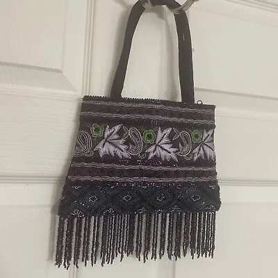 Purple Green Beaded Evening Bag Purse  Embroidered Fringe Satin Handles VTG • $10.72
