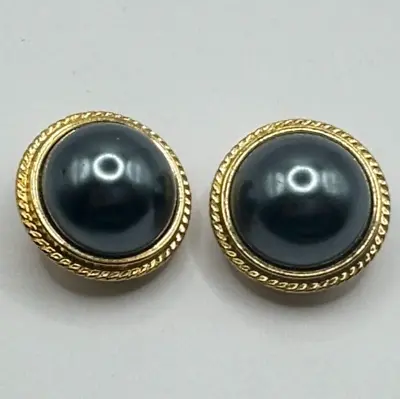 Vintage Carol Lee Faux Black Pearl Clip On Button Earrings Silver Tone Signed • $14.99