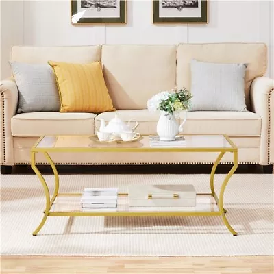 2 Tier Glass Coffee Table Modern Coffee Table With Storage Shelf For Living Room • $79.99