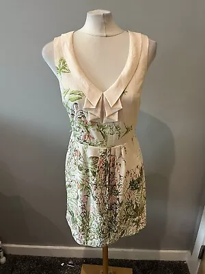 Ladies Oasis Pale Pink Floral Butterfly Design Ruffle Collar Chiffon Dress Sz 12 • £10