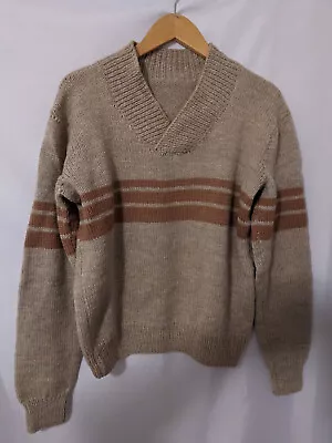 Handmade Sweater Wool? 42  Chest Brown Beige V Neck L ? 70s 80s Vintage • $9.99