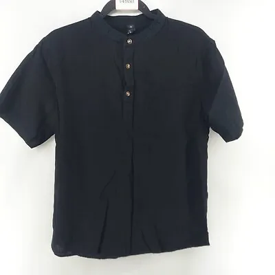 Women Shirt Size Medium Black Henley Short Sleeve Casual Cotton Mandarin Collar • $7.28