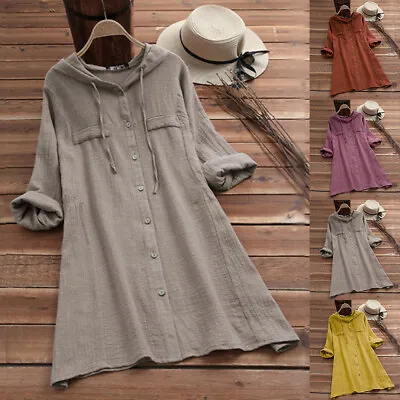 Plus Size Women Cotton Linen Hooded Shirt Button Baggy Long Sleeve Blouse Tops • £14.09