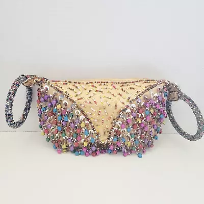 India Unique Bangle Bracelet Beaded Evening Bag Handbag Sequins Bells Gold Multi • $60