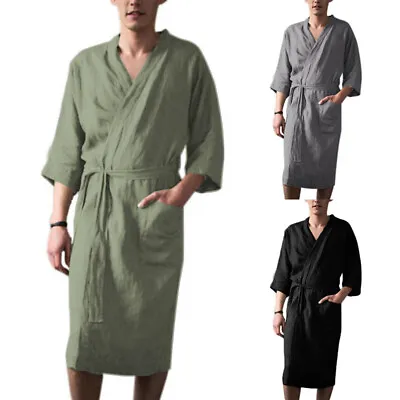 Men Cotton Linen Feel Pajama Summer Kimono Bathrobe Spa Dressing Gown Sleepwear. • $17.56