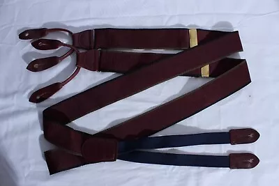 Vintage Cole Haan Button Suspenders Braces Burgundy Blue CHECK Leather Trim • $30