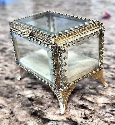 Vintage Stylebuilt Rectangle Beveled Glass Casket Trinket Jewelry Box 24k Plated • $60