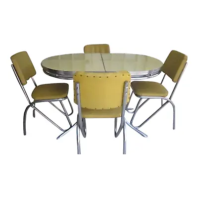 Metal Dinette Retro Chrome Oval Table One  Extra Leaf 4 Chairs Yellow 1950's Set • $2499