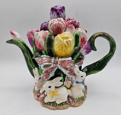 Bunnies & Tulips Floral Ceramic 3D Teapot W/Lid Easter Spring Rabbits • $14.99